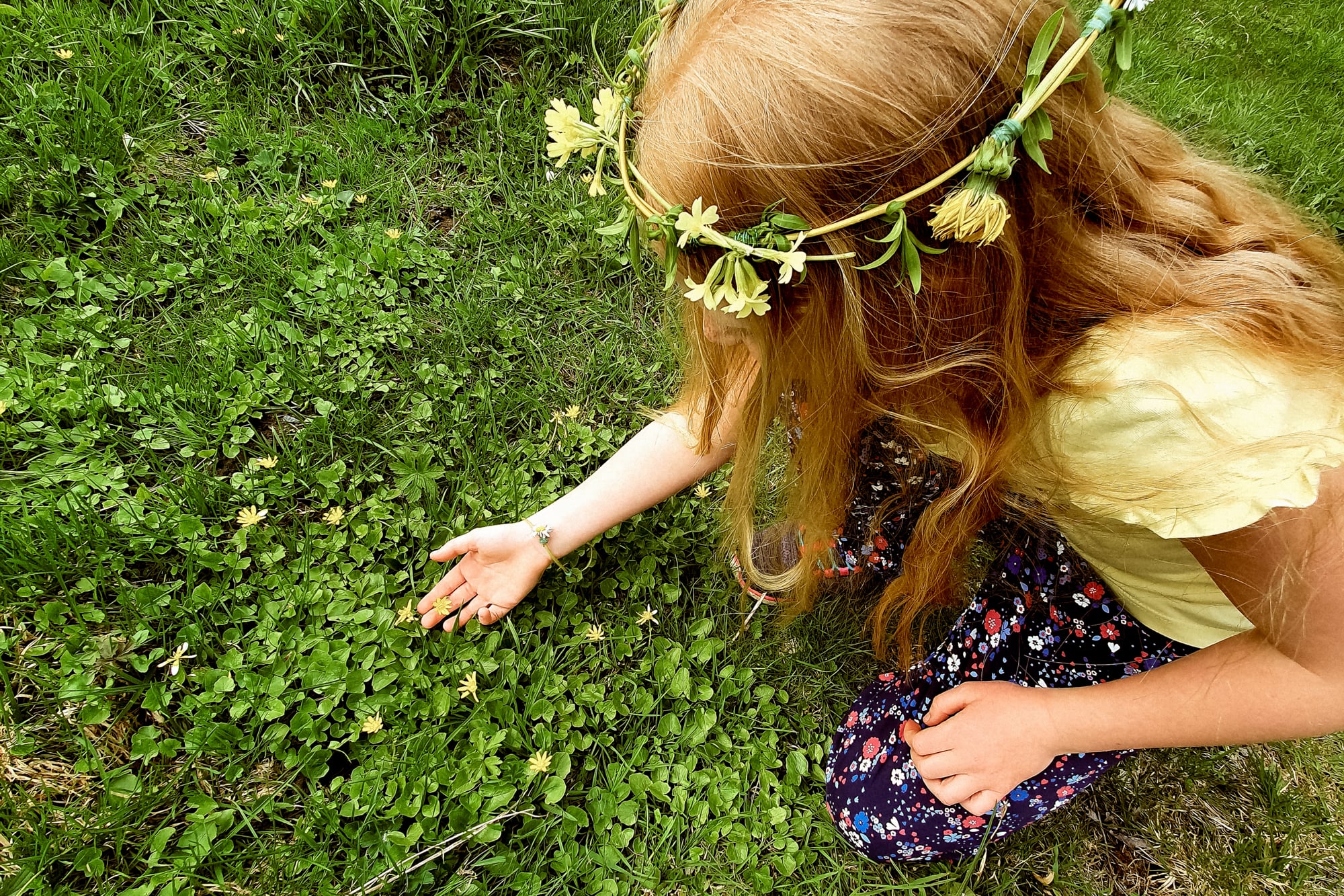 Ein Kind mit Blumenkrone sammelt Wiesenkräuter.